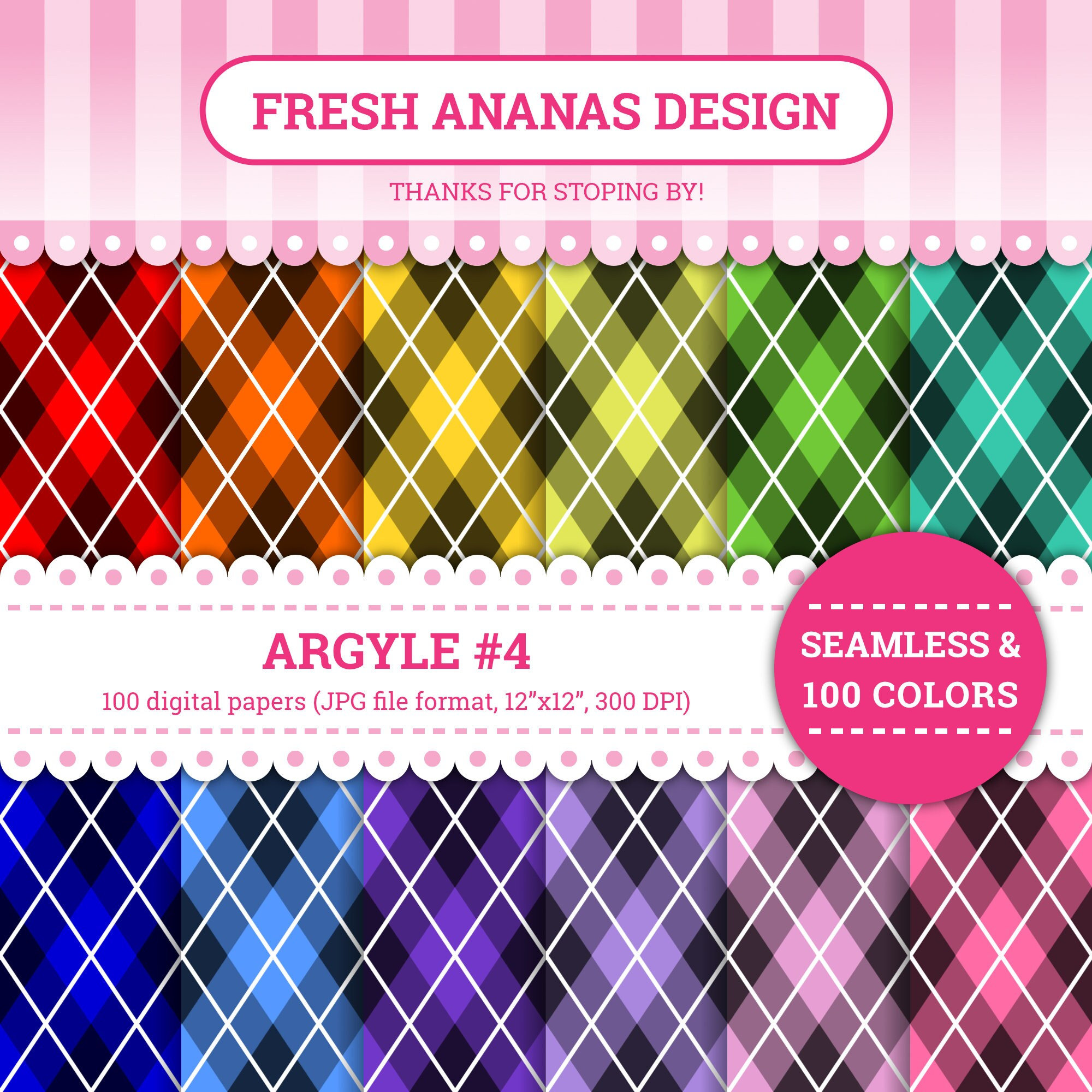 100 kleuren digitaal papier: argyle #4, argylepatroon, diamantpapier, diamant, regenboog, papieren verpakking, naadloos, patroon, digitaal, scrapbooking