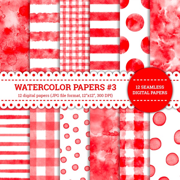 Watercolor Papers #3, Circle, Stripes, Polka Dots, Gingham, Texture, Lined, Checked, Pattern, Digital Papers, Red, Seamless, Printable