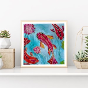 Creative, Relaxing Complete DIY Fabric Art kit -  Batik Koi Fabric Painting Kit - 8x8 Inch Pre Drawn Wax Design, Paint, Brush and Palette
