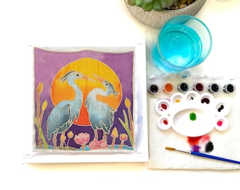 NEW! DIY Batik Heron Fabric Painting Kit - 8x8 Inch Pre Drawn Wax Design, Paint, Brush, Palette. Perfect for a fun date night activity.