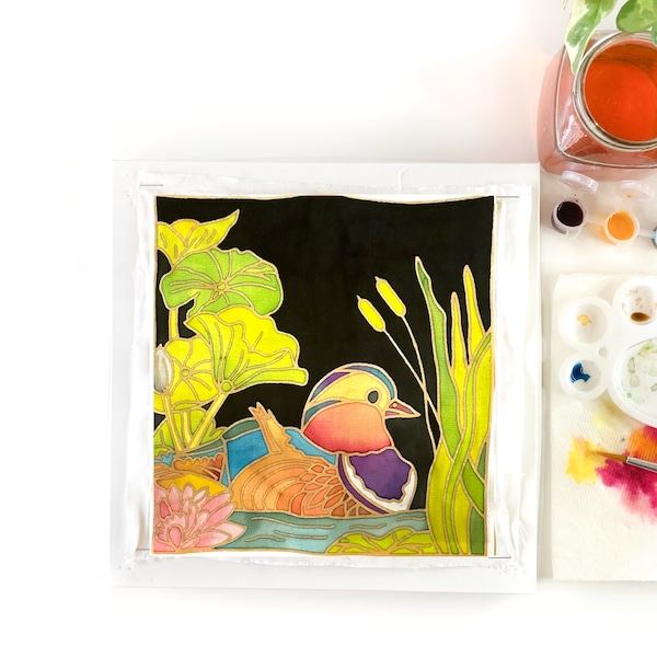 DIY Batik Mandarin Duck Fabric Painting Kit - 8x8 Inch Pre Drawn Wax Design, Paint, Brush and Palette