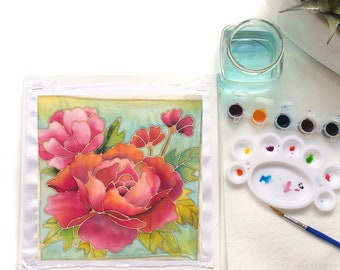 DIY Batik Flower Fabric Painting Kit - 8x8 Inch Pre Drawn Wax Design, Paint, Brush and Palette