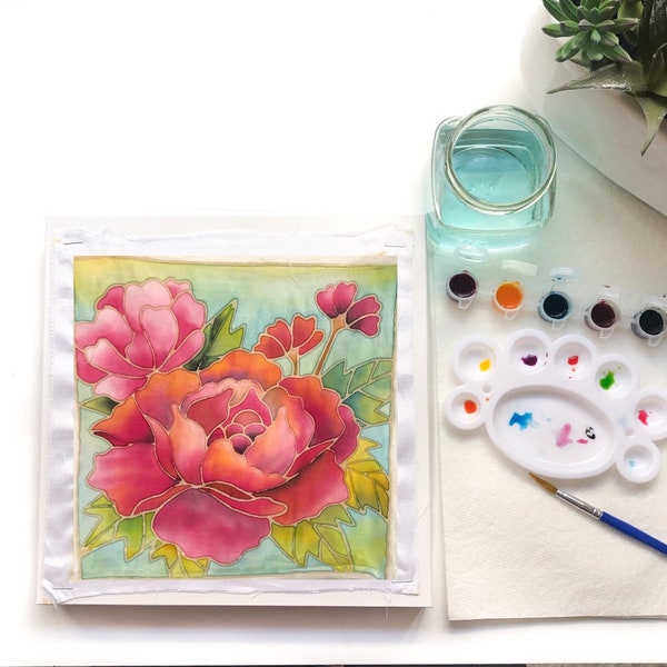 DIY Batik Flower Fabric Painting Kit - 8x8 Inch Pre Drawn Wax Design, Paint, Brush and Palette