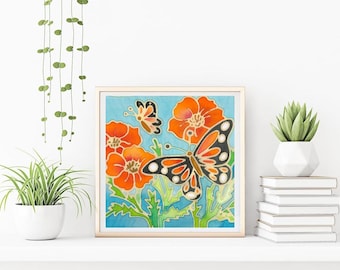 Explore Traditional Art -DIY Fabric Art Painting Kit -Batik Butterfly & Poppy Kit - 8x8 Inch Pre Drawn Wax Design, Paint, Brush and Palette