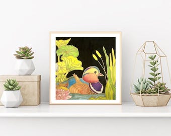 DIY Batik Mandarin Duck Fabric Painting Kit - 8x8 Inch Pre Drawn Wax Design, Paint, Brush and Palette