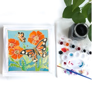 DIY Batik Butterfly & Poppy Fabric Painting Kit - 8x8 Inch Pre Drawn Wax Design, Paint, Brush and Palette