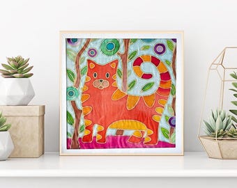 Cute & Creative Gift for all ages - DIY Batik Cat Fabric Painting Art Kit - 8x8 Inch Pre Drawn Wax Design, Paint, Brush and Palette