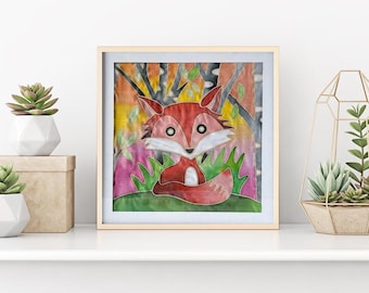 DIY Batik Fox Art Painting Kit, 8x8 Inch Pre-Drawn Wax Design, Paint, Brush, Palette. Cute and Creative gift for kids. Paint on a new medium