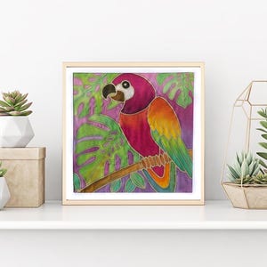 Complete DIY Fabric Art Painting Kit - Batik Macaw Kit - 8x8 Inch Wax Design, Paint, Brush, Palette - Paint by numbers alternative
