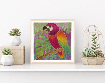 Colorful alternative to Paint by Numbers DIY Fabric Art Painting Kit - Batik Macaw Kit - 8x8 Inch Wax Design, Paint, Brush, Palette
