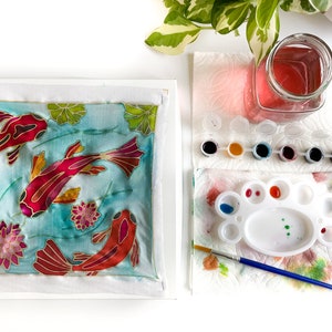DIY Batik Koi Fabric Painting Kit - 8x8 Inch Pre Drawn Wax Design, Paint, Brush and Palette