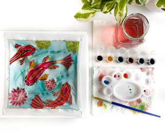 DIY Batik Koi Fabric Painting Kit - 8x8 Inch Pre Drawn Wax Design, Paint, Brush and Palette