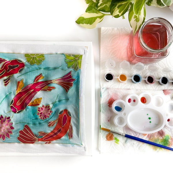 DIY Batik Koi Fabric Painting Kit - 8x8 Inch Pre Drawn Wax Design, Paint, Brush and Palette