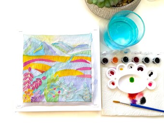 DIY Batik Mountain Fabric Painting Kit - 8x8 Inch Pre Drawn Wax Design, Paint, Brush and Palette