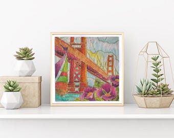 DIY Batik Fabric Art San Francisco Painting Kit -8x8 in waxed design. Unique Gift, Paint by Numbers Alternative on Fabric