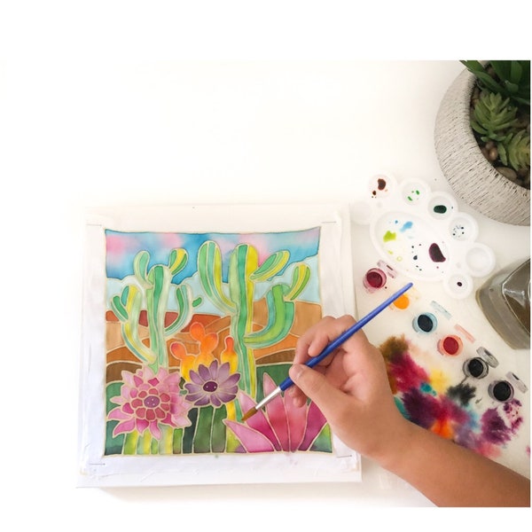 DIY Batik Succulent Fabric Painting Kit - 8x8 Inch Pre Drawn Wax Design, Paint, Brush and Palette
