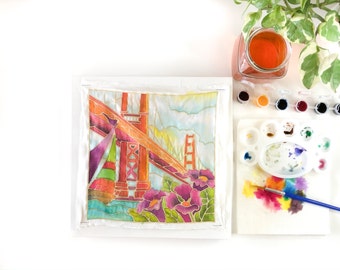 DIY Batik San Francisco Fabric Painting Kit - 8x8 Inch Pre Drawn Wax Design, Paint, Brush and Palette