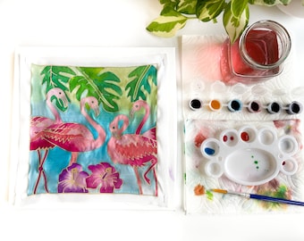 DIY Batik Flamingo Fabric Painting Kit - 8x8 Inch Pre Drawn Wax Design, Paint, Brush and Palette