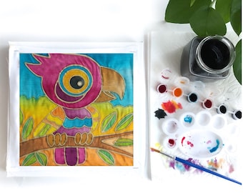 Kids Favorite Painting Kit - DIY Fabric Art Painting Kit - Batik Parrot Fabric  8x8 Inch Pre Drawn Wax Design, Paint, Brush and Palette