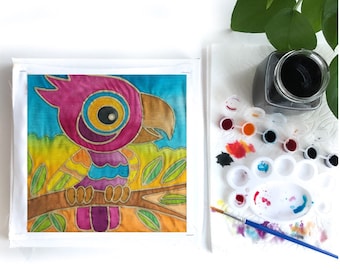 Batik Parrot Fabric Painting Kit - 8x8 Inch Pre Drawn Wax Design, Paint, Brush and Palette