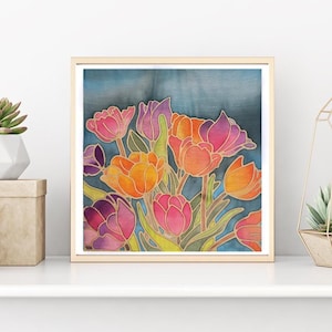 Kit de pintura batik de tulipanes para tela: diseño prediseñado de cera de 20 x 20 cm, pintura, pincel y paleta. Un regalo divertido, relajante y único para amantes del arte.