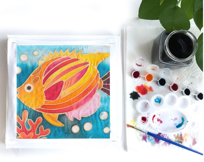 Batik Fish Fabric Painting Kit - 8x8 Inch Pre Drawn Wax Design, Paint, Brush and Palette