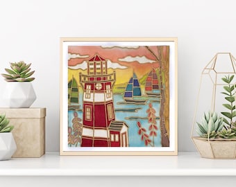 Relaxing Art Therapy DIY Art Painting Kit -  Batik Lighthouse Fabric Painting Kit - 8x8 Inch Pre Drawn Wax Design, Paint, Brush and Palette