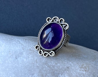 Amethyst ring in retro style,  elegant ring, adjustable size, Witch ring