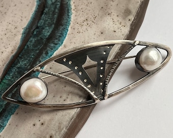 Retro brooch, silver brooch with pearls, fresh water pearls, stylish broch, large brooch, art deco brooch