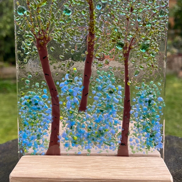 Bluebell wood tea light-Fused Glass tea light holder-Bluebells candle shield-Woodland scene in fused glass-Wooden based fused glass tea