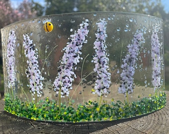 Lavender meadow  fused glass curve or wave-lavender meadow- candle shield-lavender & purple flowers-unique gift-birthday gifts for her-Mum