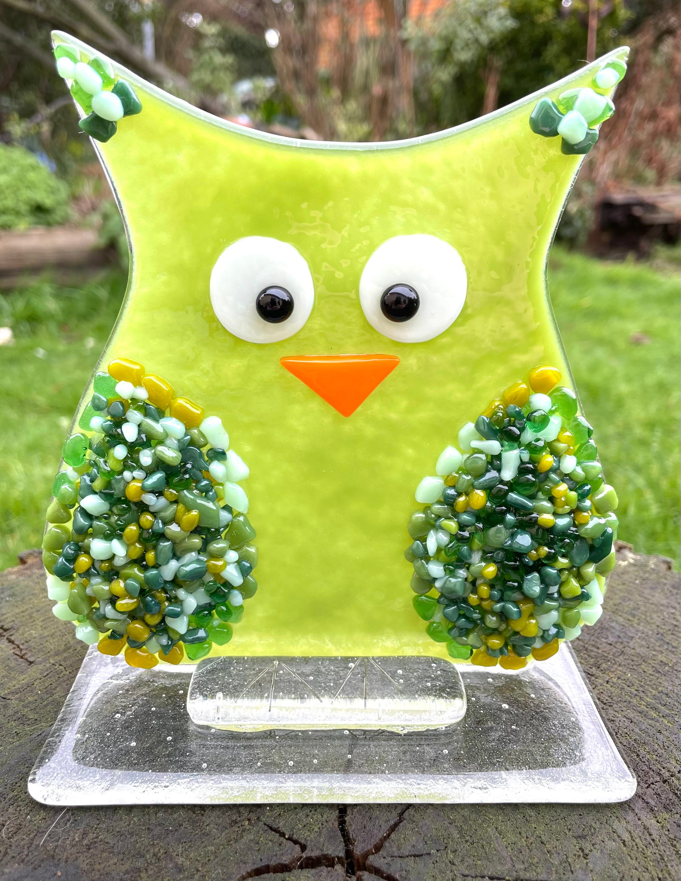 Fused Glass Owl Sculpture: Turquoise Blue Freestanding Owl