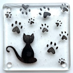 Handmade Fused Glass Cat Coaster: Black Cat & Paw Print Design