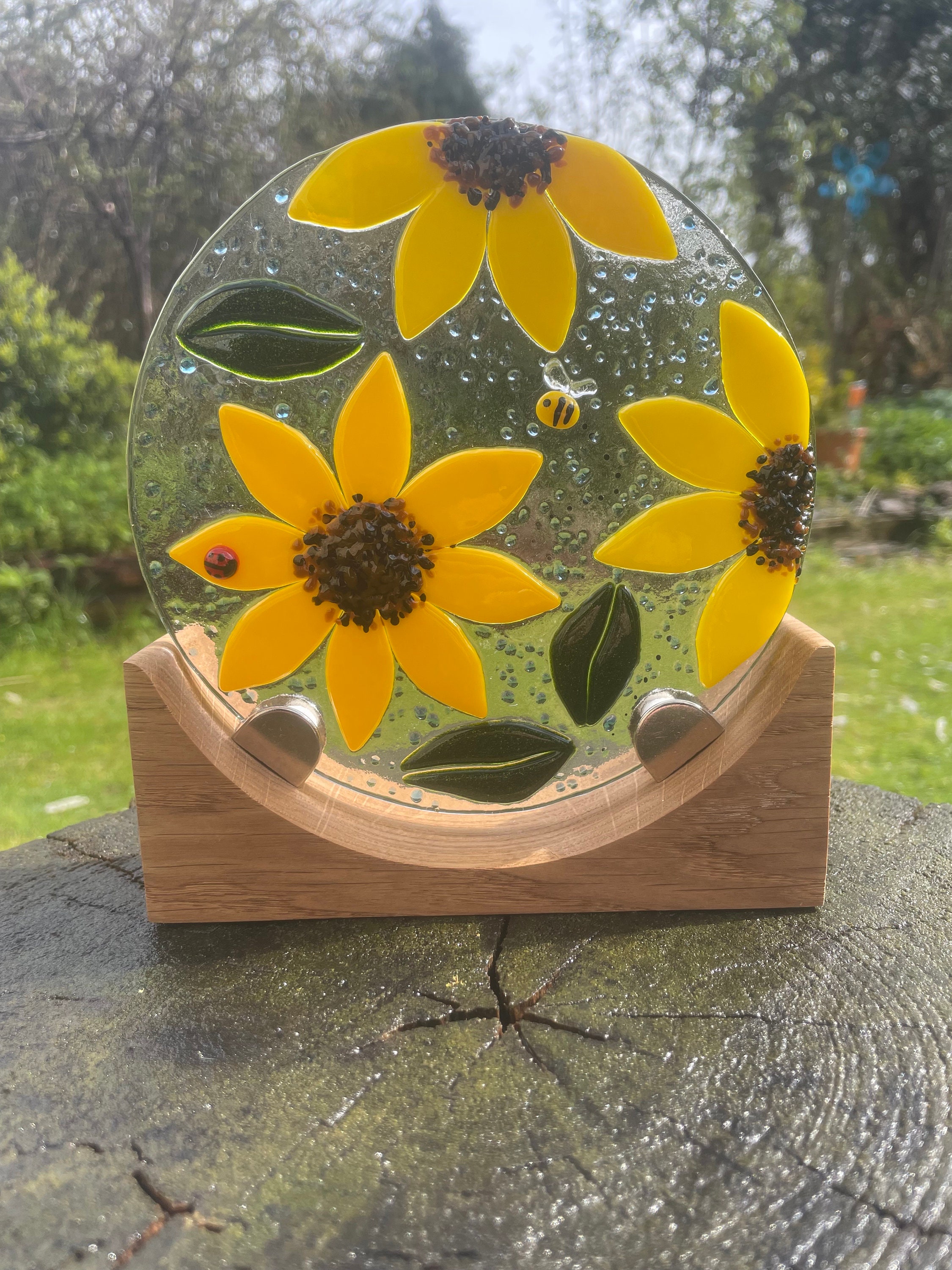 Handmade Fused Glass Sunflower Ornament With Oak Stand - Etsy