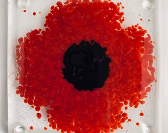 Handmade Fused Glass Poppy Coaster: Red Floral Drinks Mat