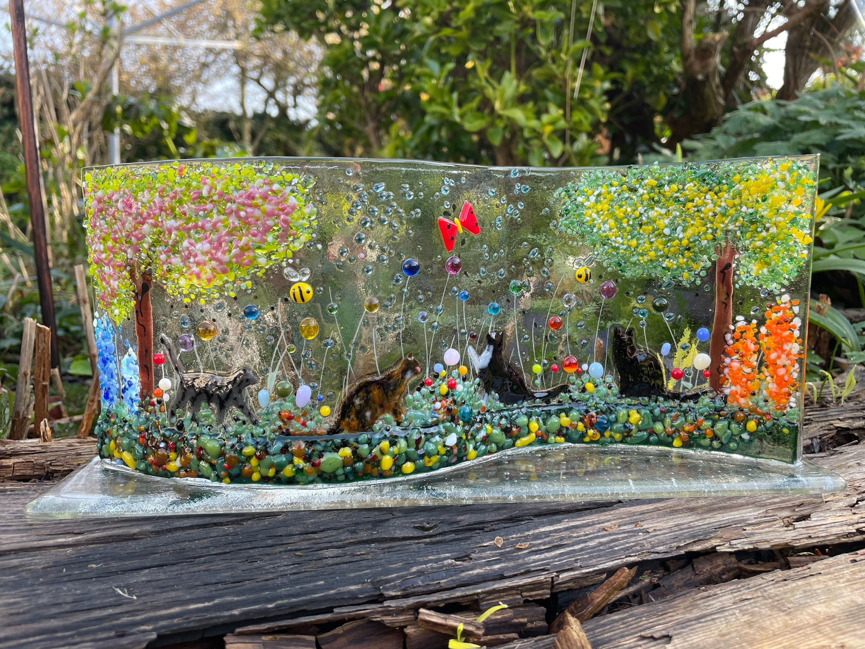 【SOLD OUT】☆ステンドグラス風 ハワイアンフレーム☆三毛猫とレインボー Handmade Bespoke Fused Glass Cats Wave Decor/custom Made Order