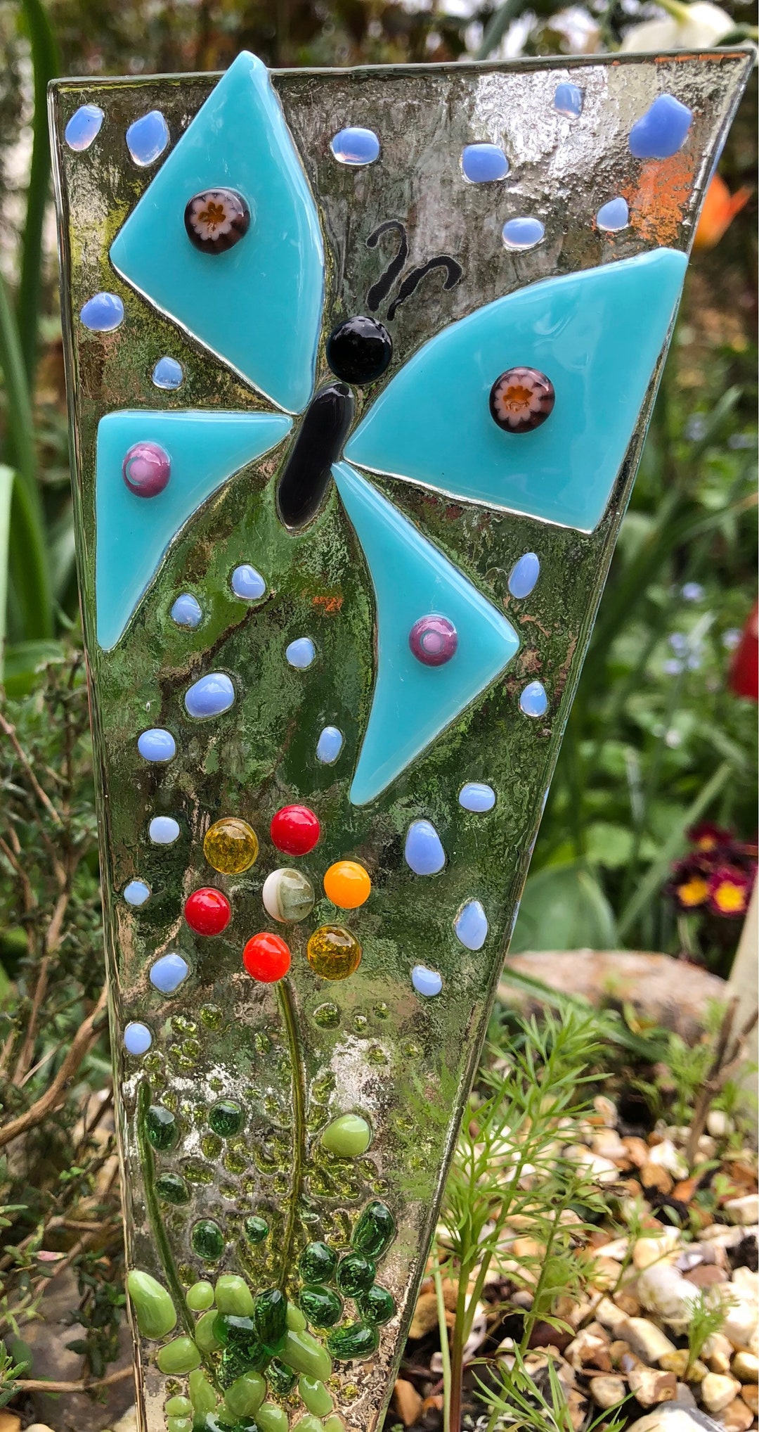 Fused Glass Butterfly Plant Pot Stake: Turquoise Garden Decoration