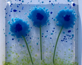 Handmade Blue Cornflowers Coasters- Blue Cornflowers drinks mat-Blue Flowers-Natural cornflower Meadow-fused glass coaster for coffee/tea