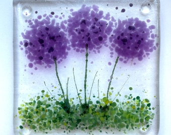 Handmade fused glass Allium Drinks Coasters-Purple Alliums drink mats-Flower garden coasters-Coffee mats-table savers-House warming gifts