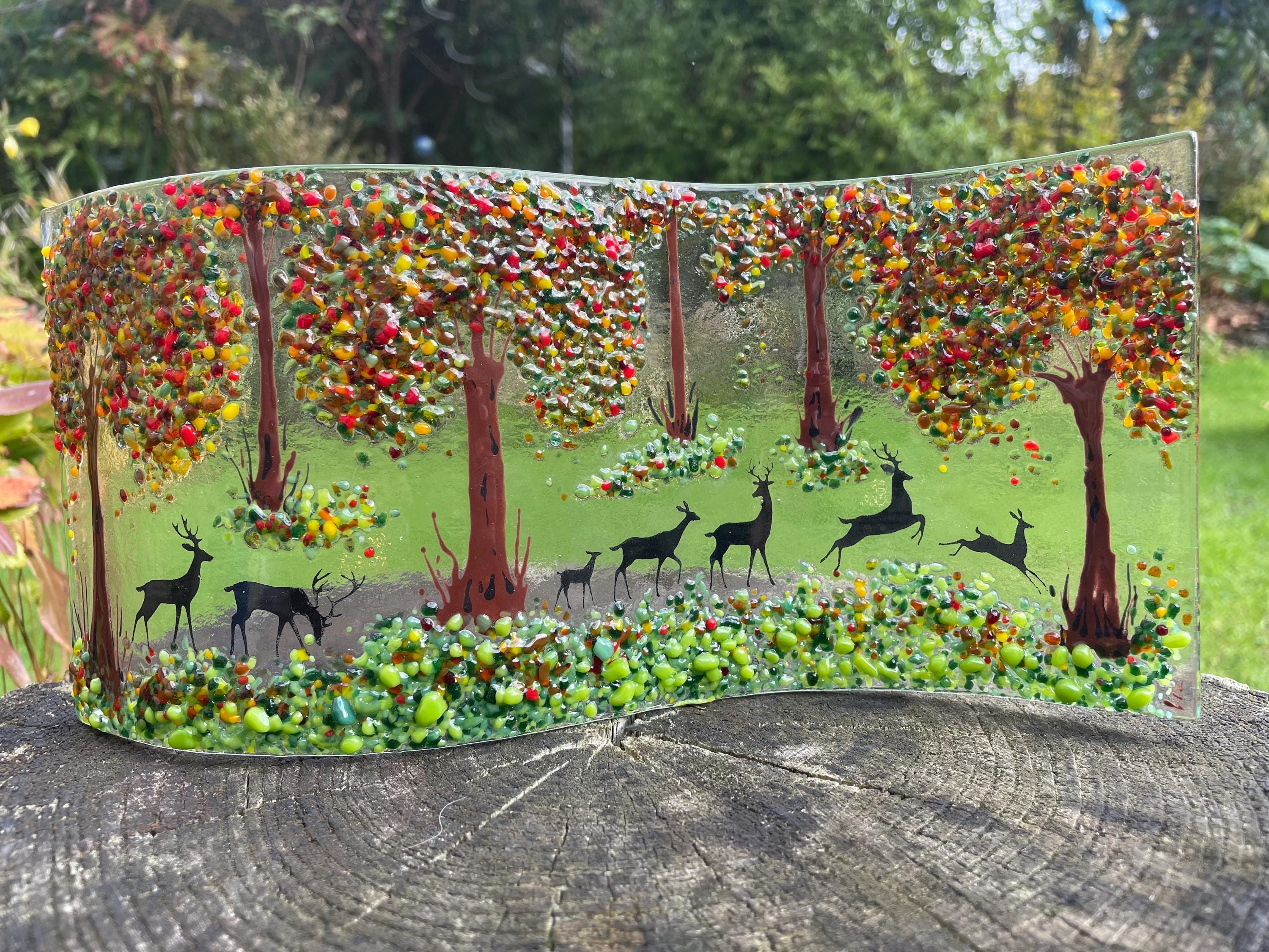 Handmade unique Autumnal woods fused glass-Stags in the autumn forest-Deer and stags fused glass wave-Special birthday gift for animal lover