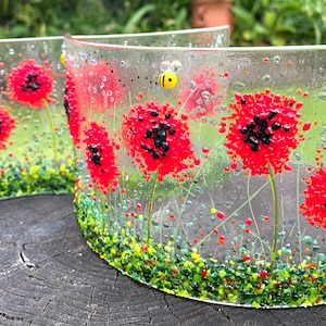 Fused Glass Poppy Meadow Art: Handmade Wave or Curve Decor