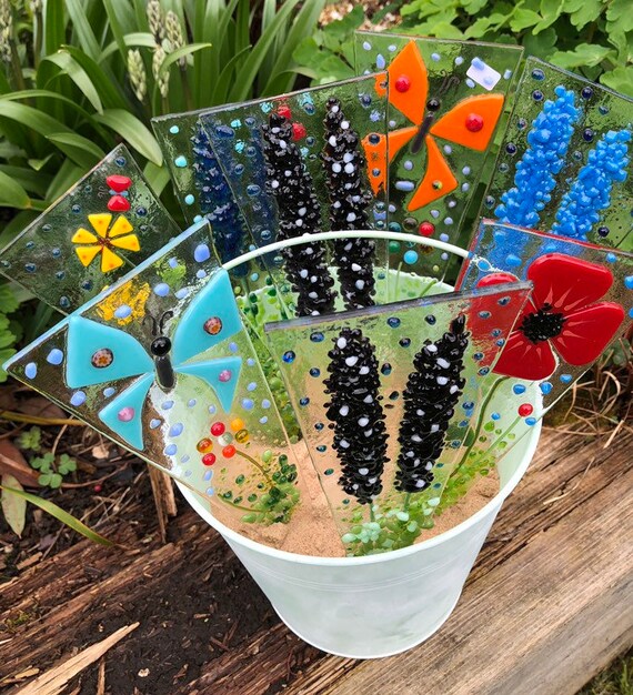 Fused Glass Butterfly Plant Pot Stake: Turquoise Garden Decoration