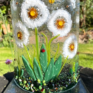Handmade Fused Glass Dandelion Ornament: Bees & Ladybirds Candle Shield