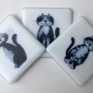 Fused Glass Cat Coasters/black & white cats/drinks mats/cat coasters/monochrome cats