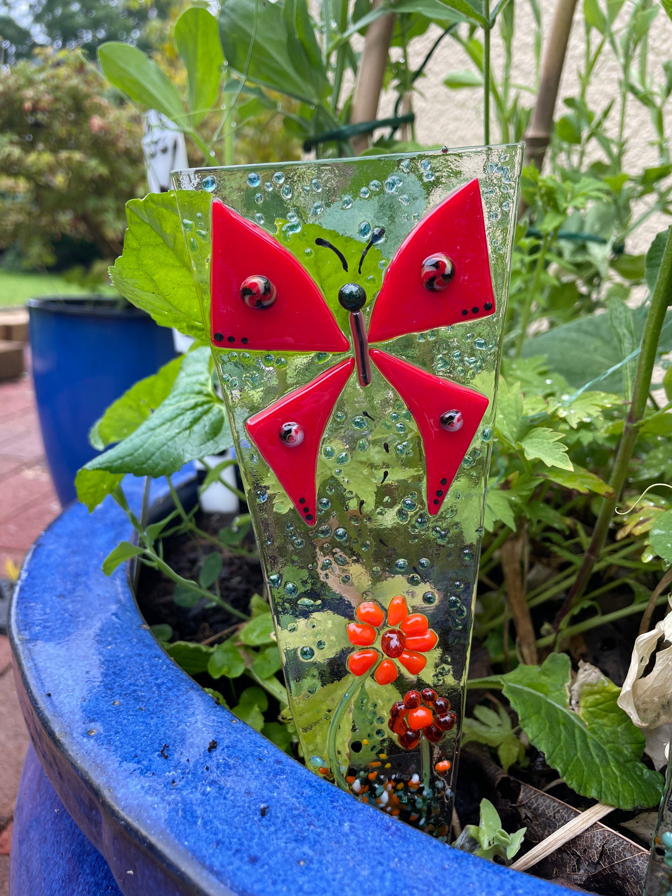 Fused Glass Butterfly Plant Pot Stake: Turquoise Garden Decoration