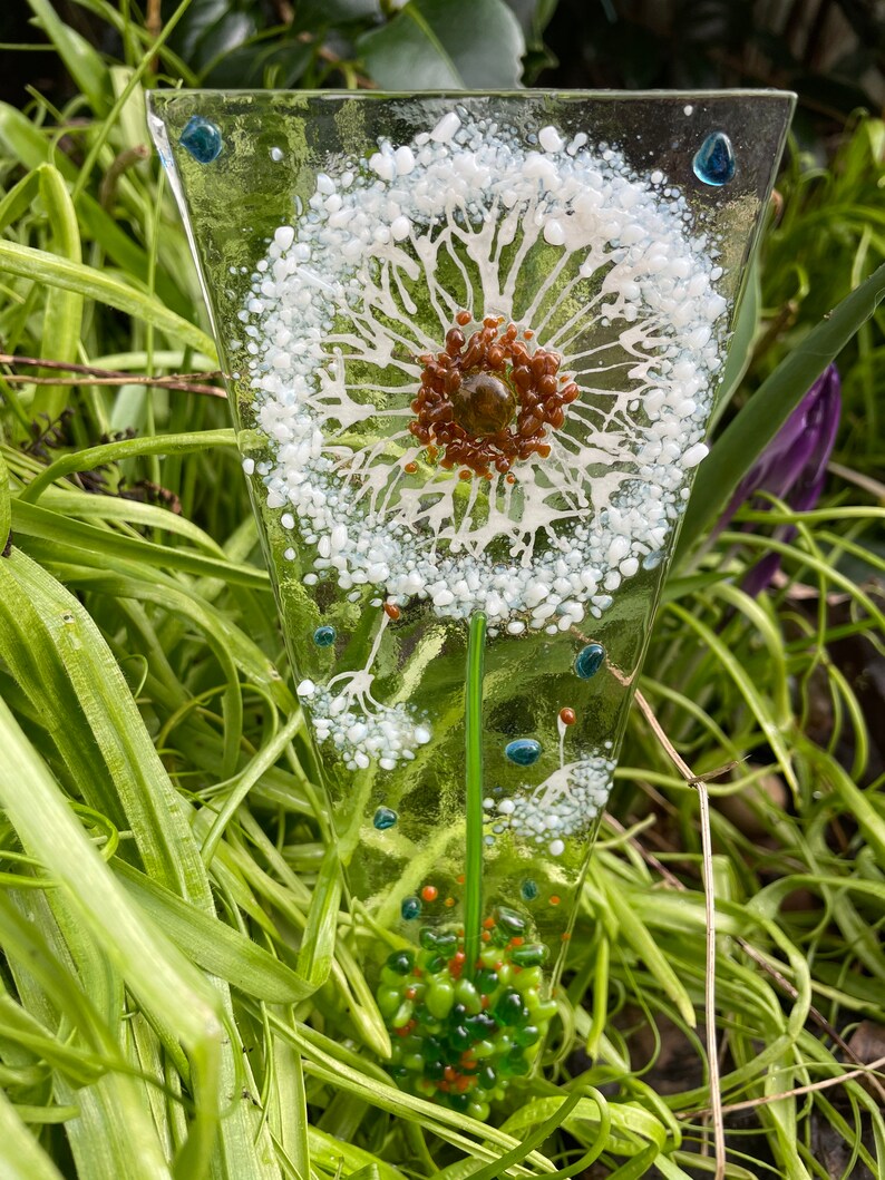 Dandelion head fused glass plant pot stake dandelion wishes Etsy