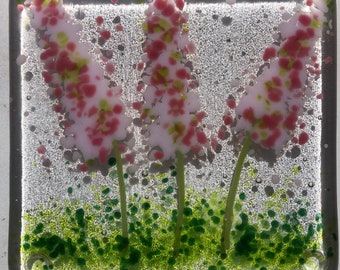 Fused Glass drinks Coasters/foxgloves/hollyhocks/Pink Flowers/Tall pink flowers/Meadow flowers/Wild flowers/Ginger Cat Glass coasters/Mum