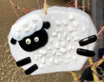 Fused Glass Sheep Hanger: Woolly Garden Decor