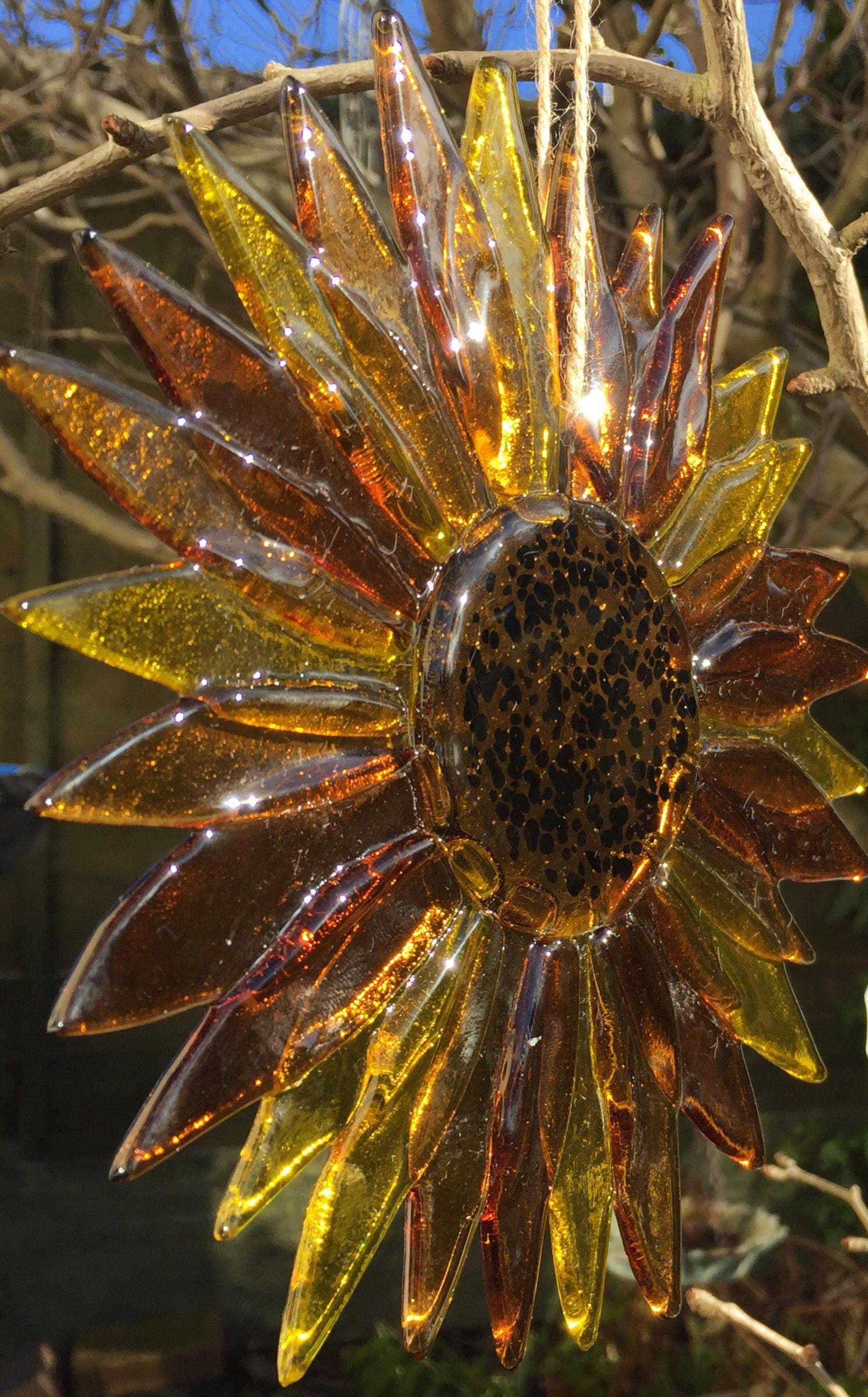 Handmade Fused Glass Sunflower Hanger: Amber & Yellow Decor