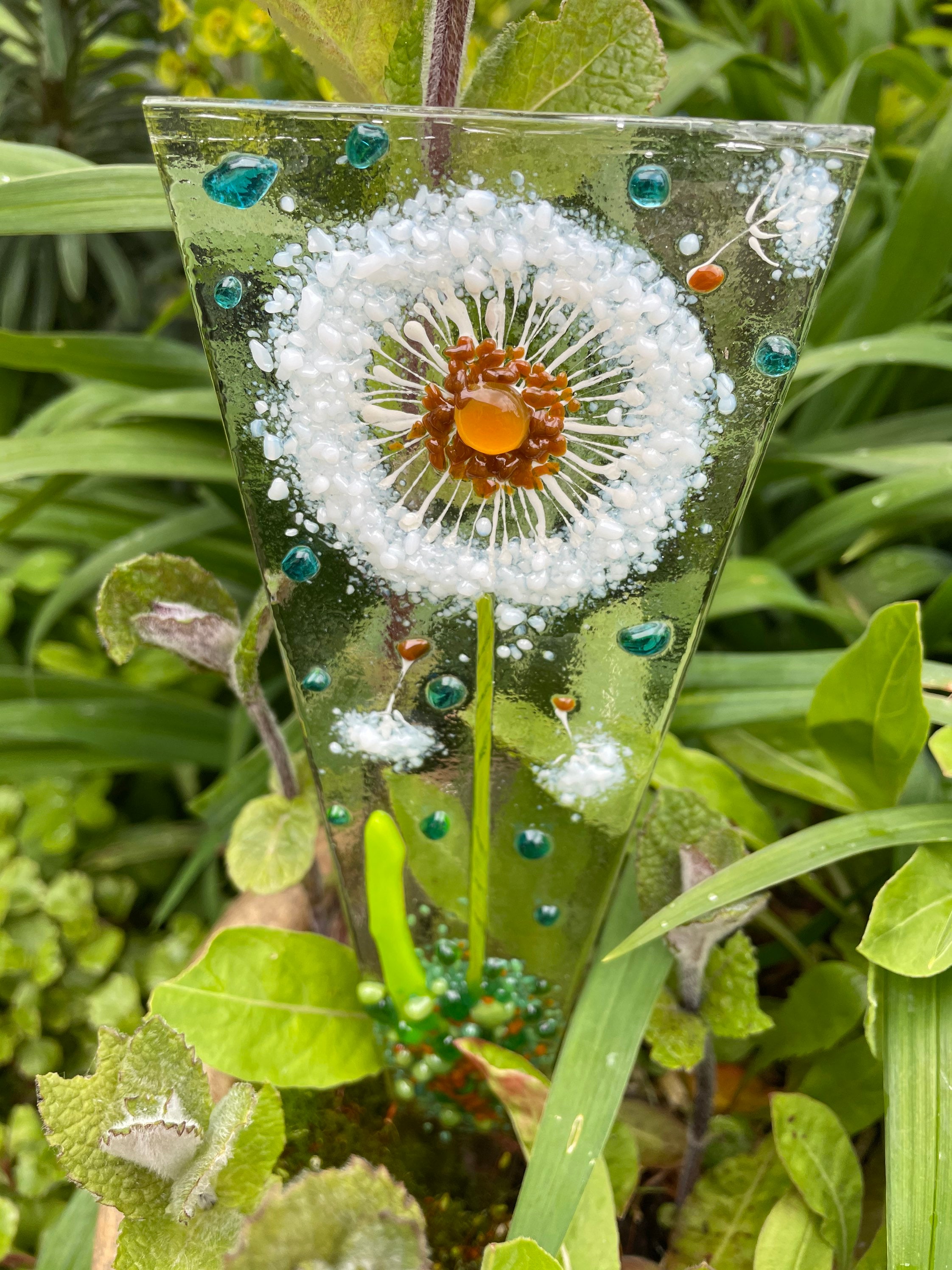 Dandelion head fused glass plant pot stake dandelion wishes Etsy
